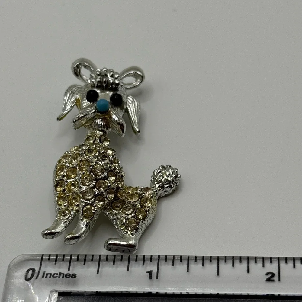 Vintage Silver Tone Rhinestone Poodle Dog Brooch Pin Blue Nose Champagne Stones